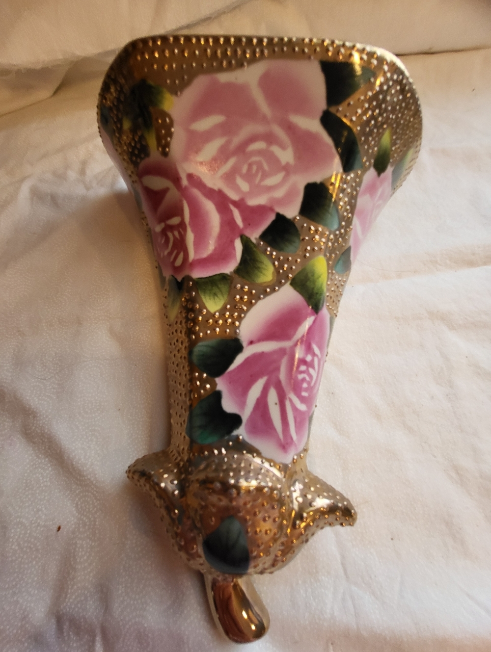 ANT. 1911 Gold Porcelain Wall 8 x 6.5 Vase with Pink Rose Motif